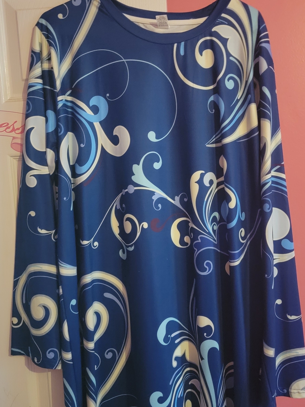Blue Swirl Midi Dress - Elegant Long Sleeve